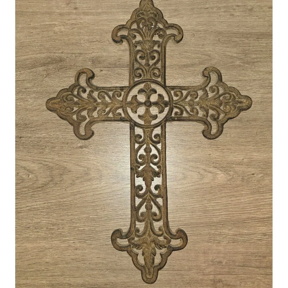 Cast Iron Hanging Cross Scrollwork Rustic Brown Finish Religious Heavy - Picture 2 of 10